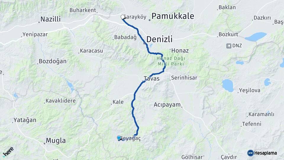Denizli Beyağaç Sarayköy Arası Kaç Km - Yol Haritası
