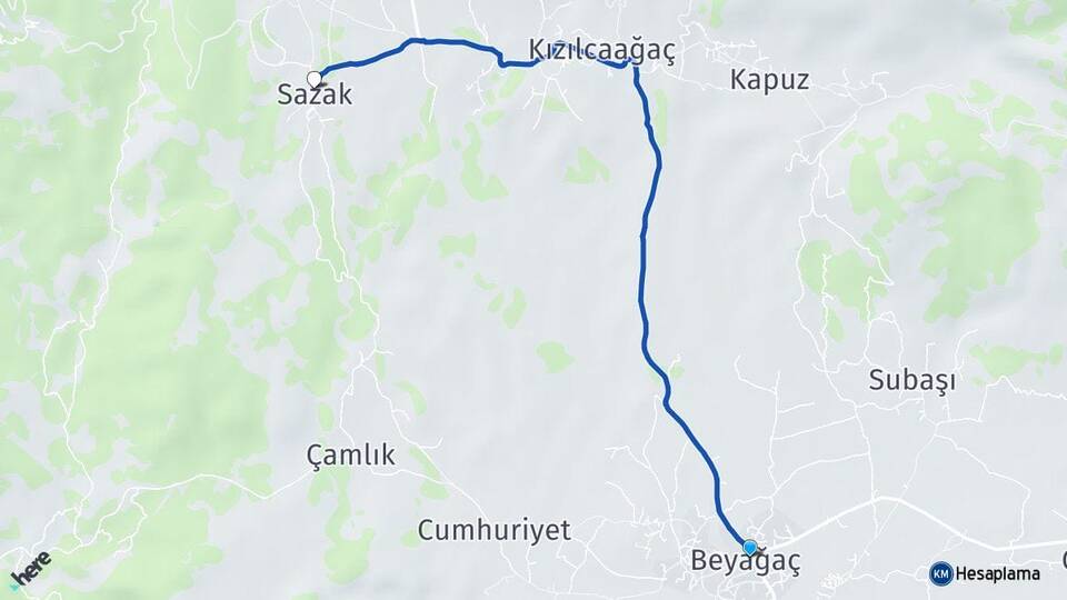 Denizli Beyağaç Sazak Beyağaç Arası Kaç Km - Yol Haritası