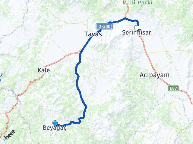 Denizli Beyağaç Serinhisar Arası Kaç Km - Yol Haritası
