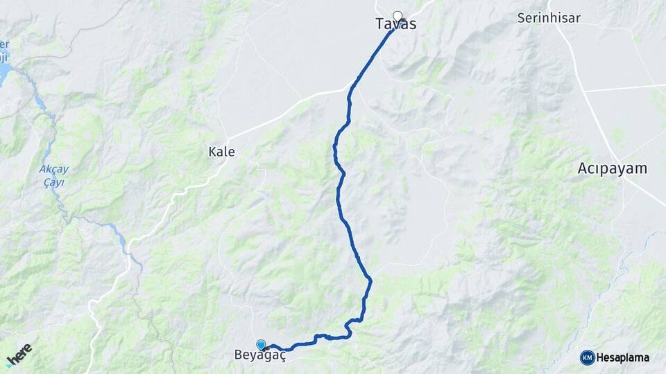 Denizli Beyağaç Tavas Arası Kaç Km - Yol Haritası