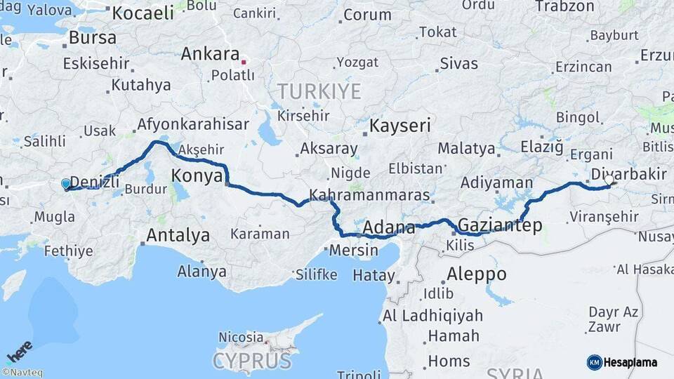 Denizli Bismil Diyarbakır Arası Kaç Km - Yol Haritası