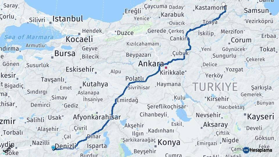 Denizli Boyabat Sinop Arası Kaç Km - Yol Haritası