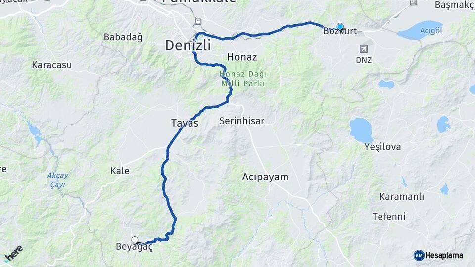 Denizli Bozkurt Beyağaç Arası Kaç Km - Yol Haritası