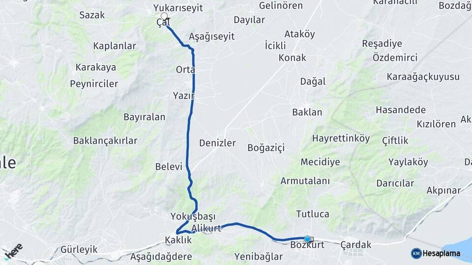 Denizli Bozkurt Çal Arası Kaç Km - Yol Haritası