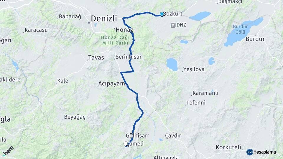 Denizli Bozkurt Çameli Arası Kaç Km - Yol Haritası