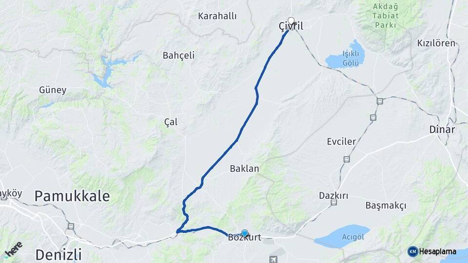 Denizli Bozkurt Çivril Arası Kaç Km - Yol Haritası