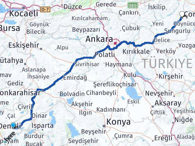 Denizli Bozkurt Çorum Arası Kaç Km - Yol Haritası