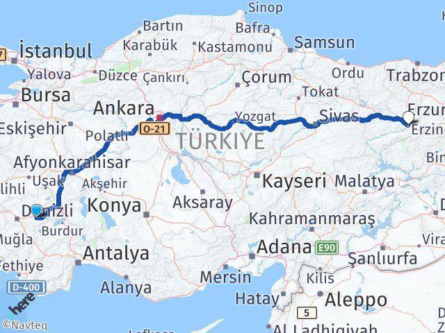 Denizli Bozkurt Erzincan Arası Kaç Km - Yol Haritası