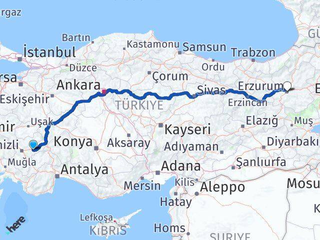 Denizli Bozkurt Erzurum Arası Kaç Km - Yol Haritası