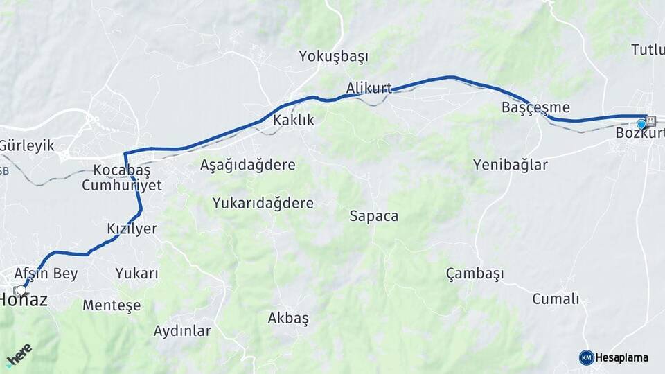 Denizli Bozkurt Honaz Arası Kaç Km - Yol Haritası