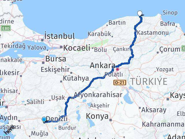 Denizli Bozkurt Kastamonu Arası Kaç Km - Yol Haritası