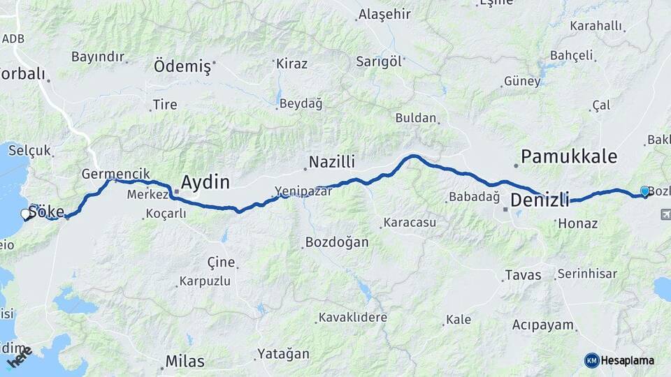 Denizli Bozkurt Kuşadası Aydın Arası Kaç Km - Yol Haritası