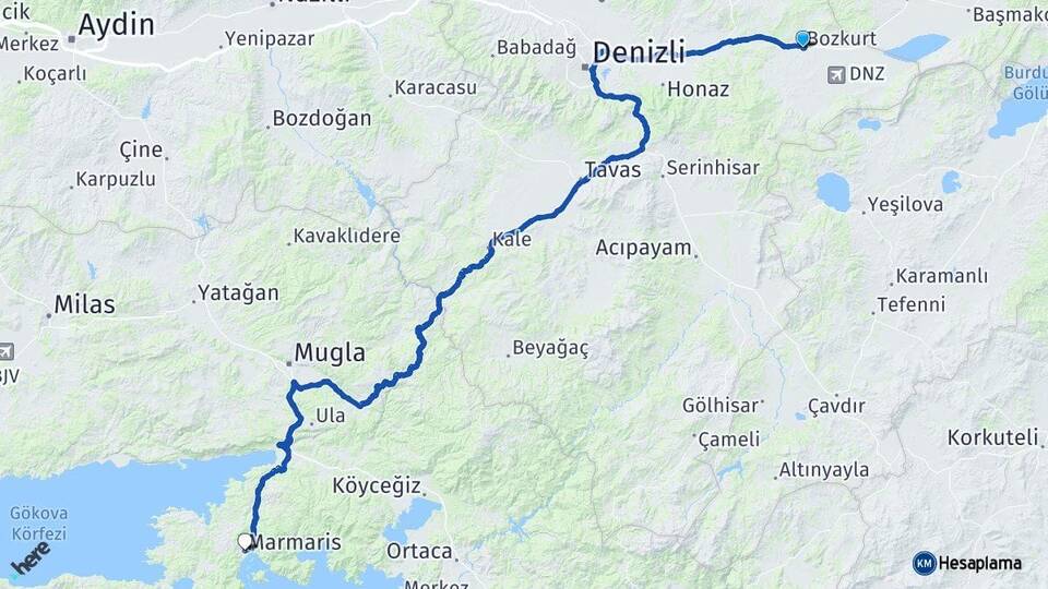 Denizli Bozkurt Marmaris Muğla Arası Kaç Km - Yol Haritası
