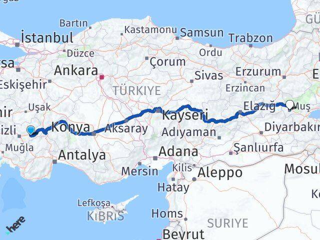 Denizli Bozkurt Muş Arası Kaç Km - Yol Haritası
