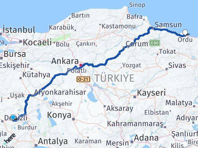 Denizli Bozkurt Ordu Arası Kaç Km - Yol Haritası