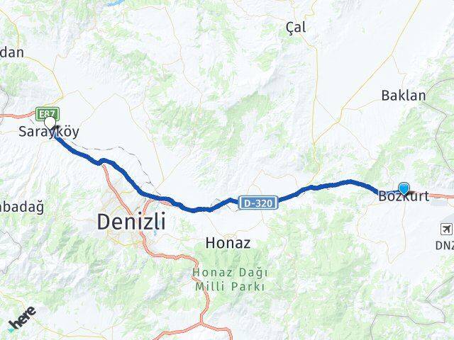 Denizli Bozkurt Sarayköy Arası Kaç Km - Yol Haritası