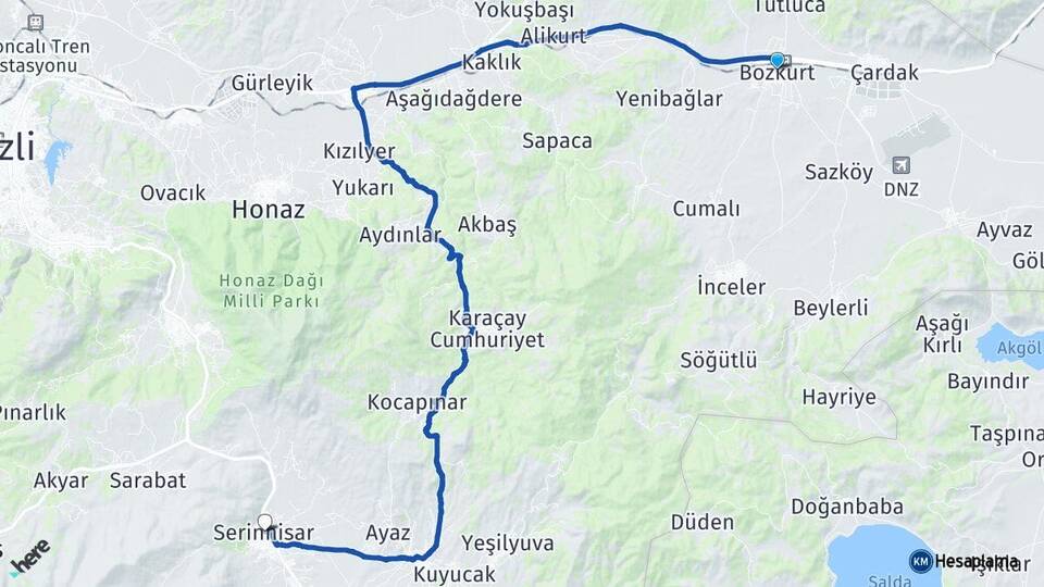 Denizli Bozkurt Serinhisar Arası Kaç Km - Yol Haritası