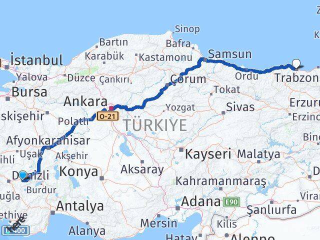 Denizli Bozkurt Trabzon Arası Kaç Km - Yol Haritası