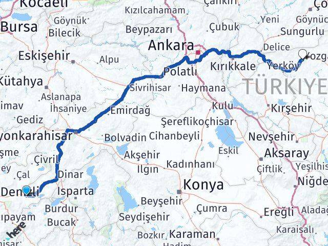 Denizli Bozkurt Yozgat Arası Kaç Km - Yol Haritası