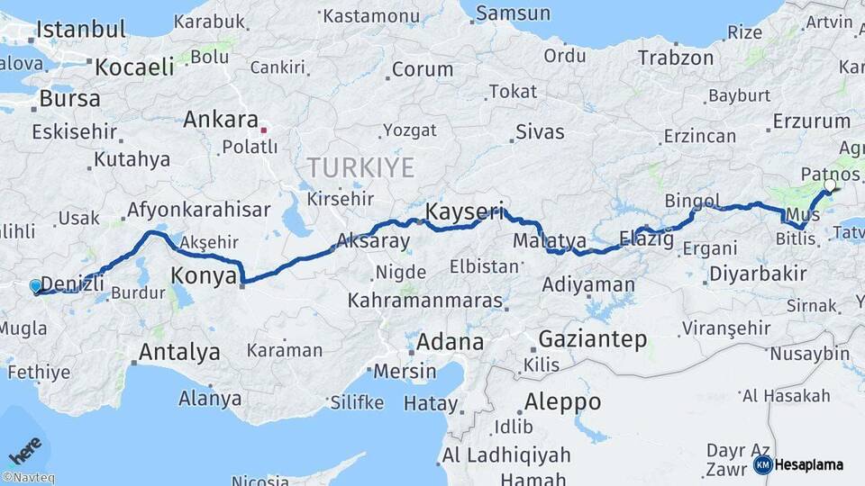Denizli Bulanık Muş Arası Kaç Km - Yol Haritası
