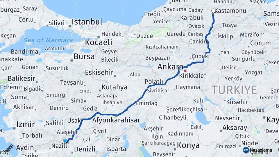 Denizli Buldan Kastamonu Arası Kaç Km - Yol Haritası