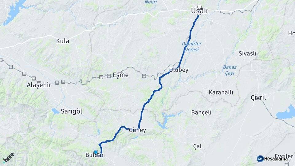 Denizli Buldan Uşak Arası Kaç Km - Yol Haritası