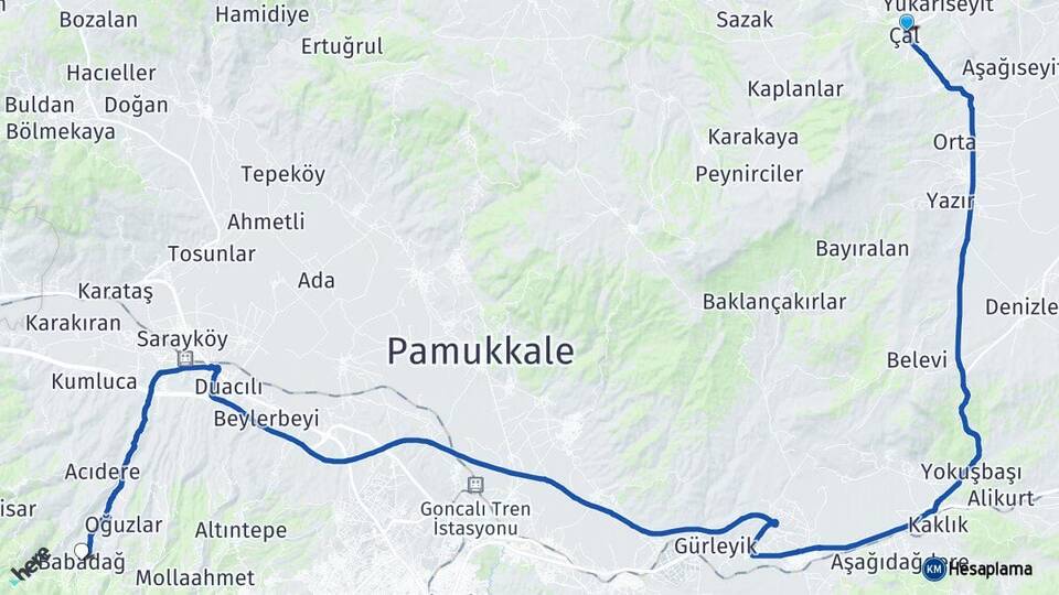Denizli Çal Babadağ Arası Kaç Km - Yol Haritası