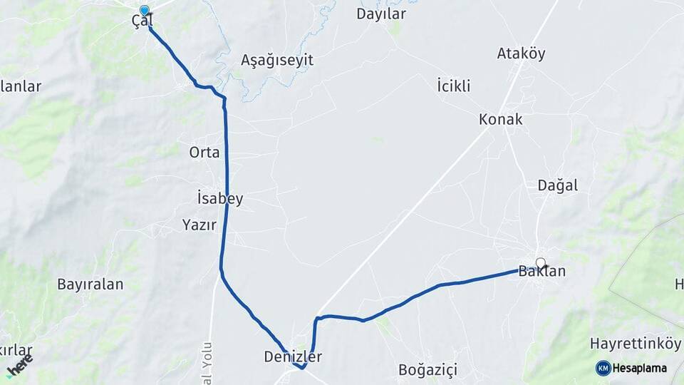 Denizli Çal Baklan Arası Kaç Km - Yol Haritası