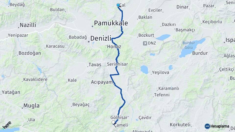 Denizli Çal Çameli Arası Kaç Km - Yol Haritası
