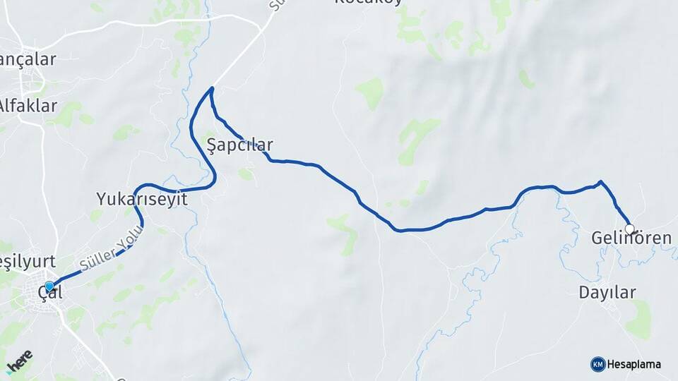 Denizli Çal Gelinören Çal Arası Kaç Km - Yol Haritası