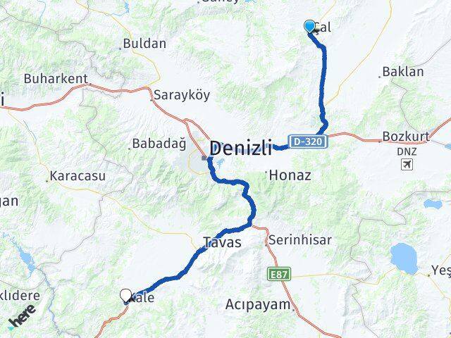 Denizli Çal Kale Arası Kaç Km - Yol Haritası