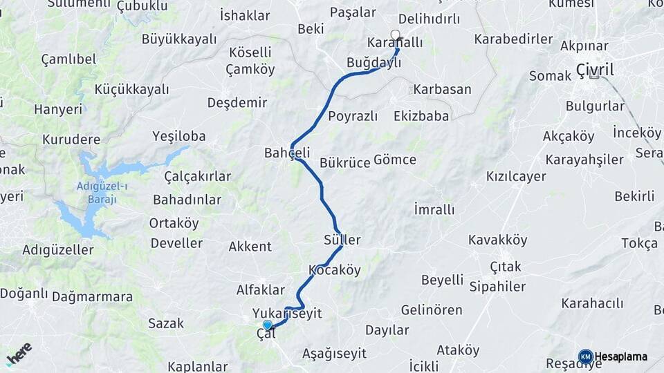 Denizli Çal Karahallı Uşak Arası Kaç Km - Yol Haritası
