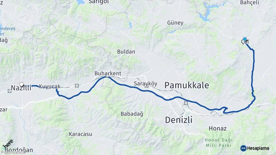 Denizli Çal Nazilli Aydın Arası Kaç Km - Yol Haritası