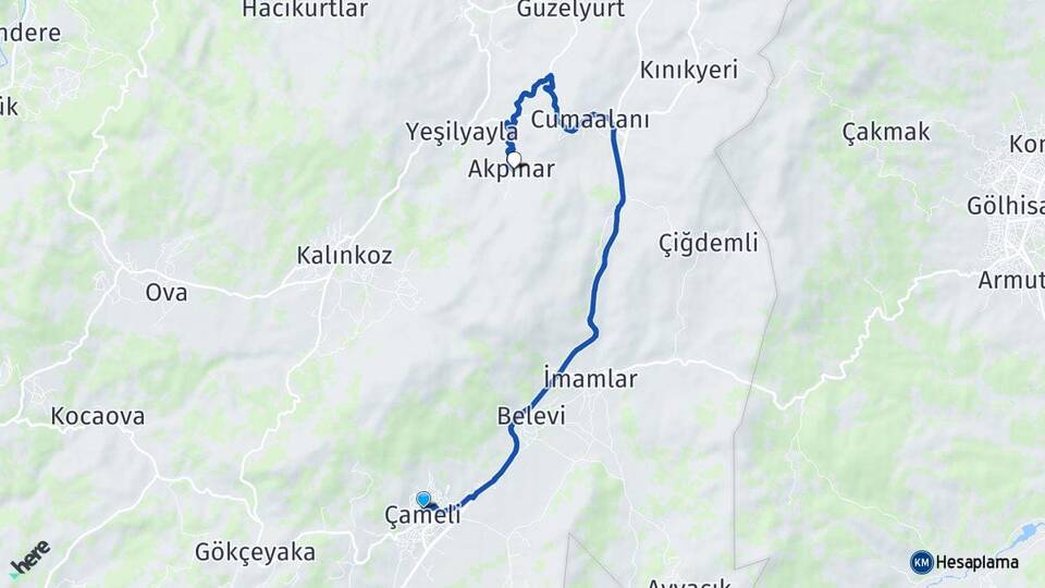 Denizli Çameli Akpınar Çameli Arası Kaç Km - Yol Haritası
