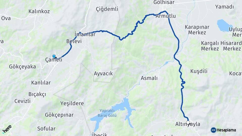 Denizli Çameli Altınyayla Burdur Arası Kaç Km - Yol Haritası