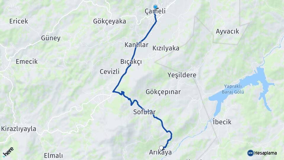 Denizli Çameli Arıkaya Çameli Arası Kaç Km - Yol Haritası