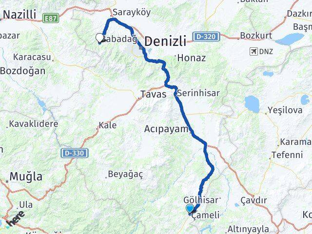Denizli Çameli Babadağ Arası Kaç Km - Yol Haritası