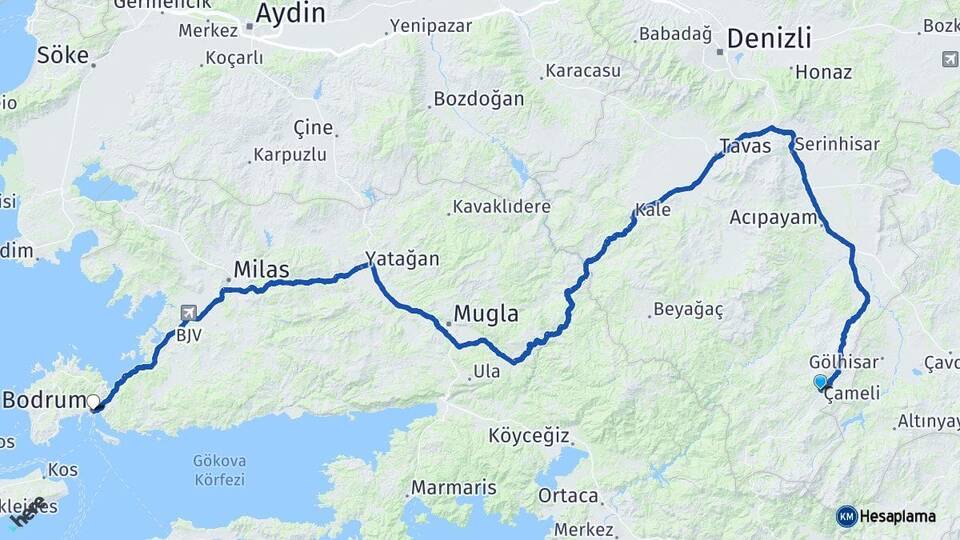 Denizli Çameli Bodrum Muğla Arası Kaç Km - Yol Haritası