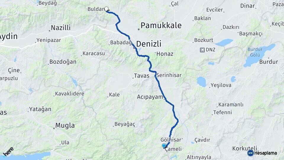 Denizli Çameli Buldan Arası Kaç Km - Yol Haritası