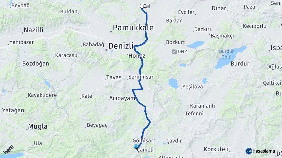 Denizli Çameli Çal Arası Kaç Km - Yol Haritası
