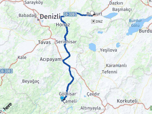 Denizli Çameli Çardak Arası Kaç Km - Yol Haritası