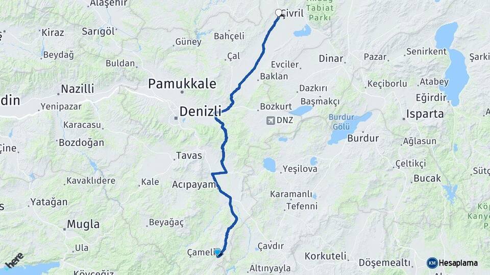Denizli Çameli Çivril Arası Kaç Km - Yol Haritası