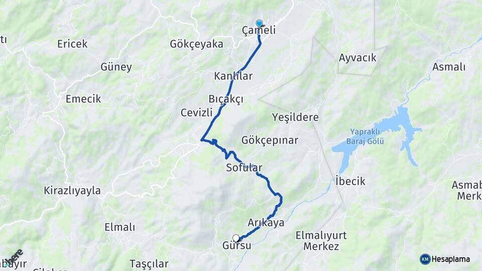 Denizli Çameli Gürsu Çameli Arası Kaç Km - Yol Haritası
