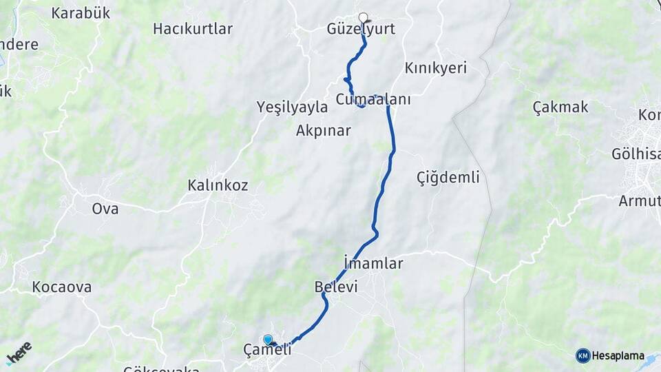 Denizli Çameli Güzelyurt Çameli Arası Kaç Km - Yol Haritası