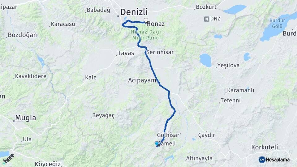 Denizli Çameli Honaz Arası Kaç Km - Yol Haritası