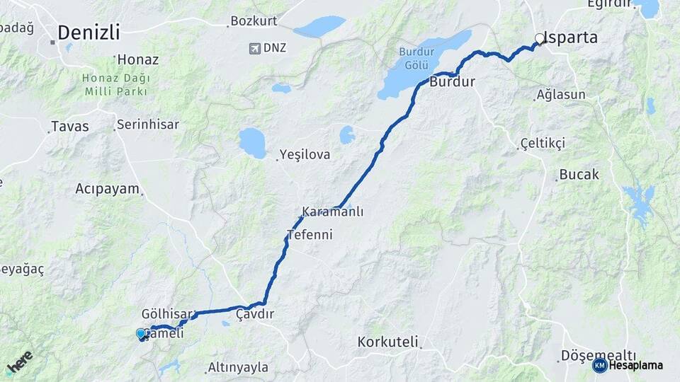 Denizli Çameli Isparta Arası Kaç Km - Yol Haritası