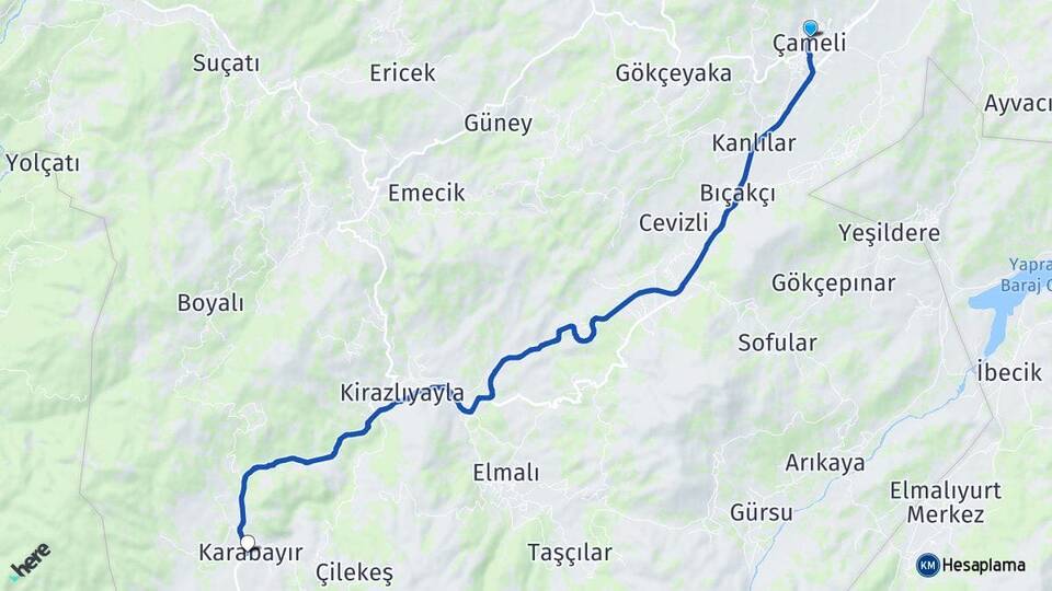 Denizli Çameli Karabayır Çameli Arası Kaç Km - Yol Haritası