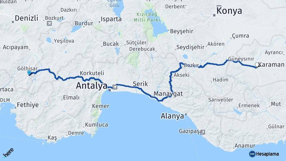 Denizli Çameli Karaman Arası Kaç Km - Yol Haritası
