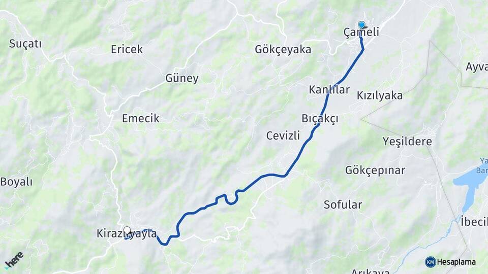 Denizli Çameli Kirazlıyayla Çameli Arası Kaç Km - Yol Haritası