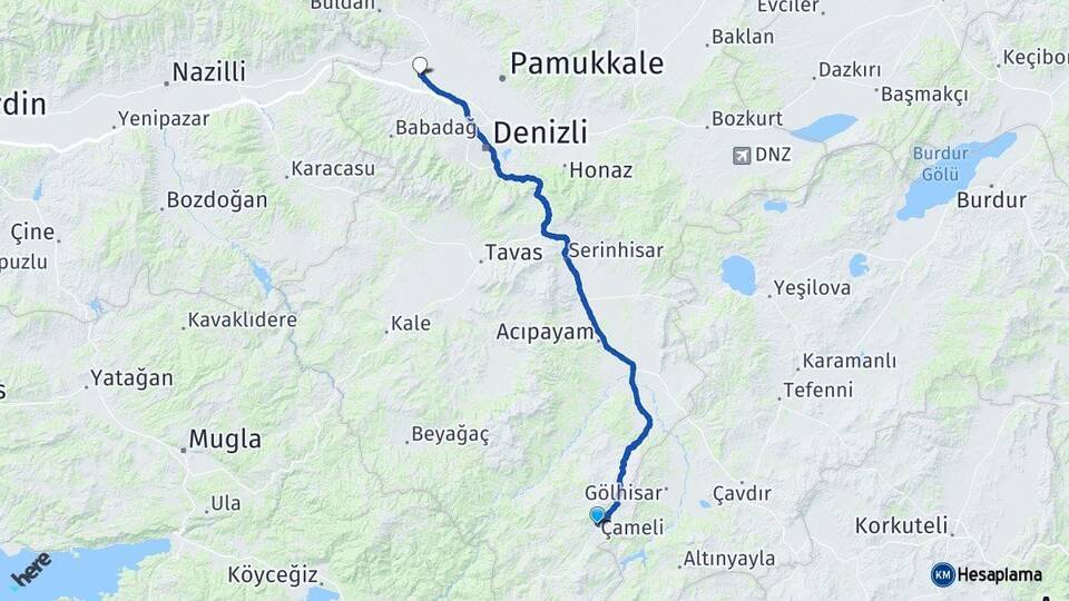 Denizli Çameli Sarayköy Arası Kaç Km - Yol Haritası